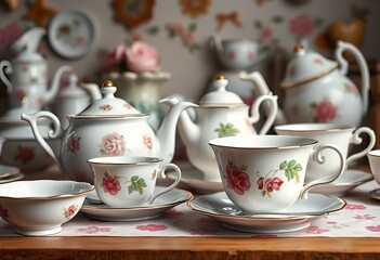 Fototapeta premium Whimsical tea party scene with mismatched crockery and oversized teacups, bizarre, tea party