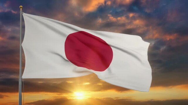 夕焼け空に大きく揺れる日本国旗と黄金の光芒