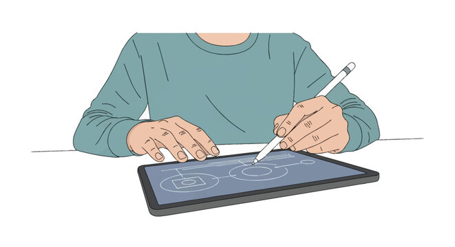 Minimalist illustration of a person using a digital stylus pen to design a technical flowchart and website wireframe on a tablet screen, creative professional work process.