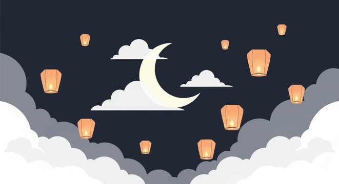 Flat vector art of a glowing crescent moon and multiple orange sky lanterns floating among layered white clouds in a dark navy night sky background for festivals and celebrations.