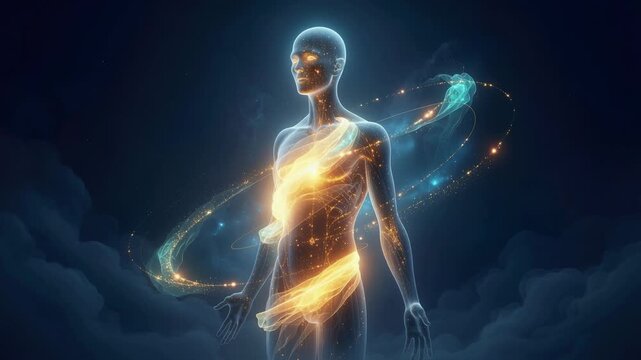 Glowing human figure radiating cosmic light wrapped in swirling energy ribbons mesmerizing visual