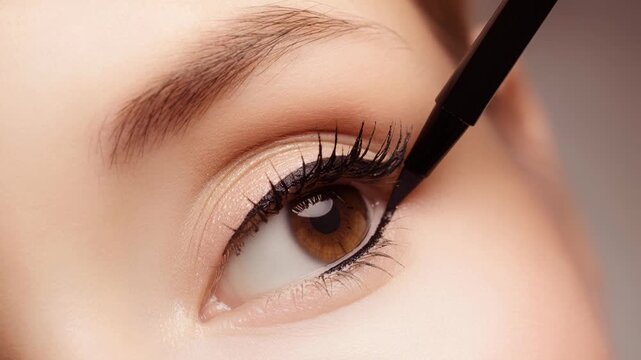 Close up video of applying precise black eyeliner for flawless makeup and beauty tutorial