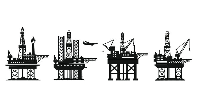 A collection of offshore oil rig platform silhouettes with a plane flying overhead
