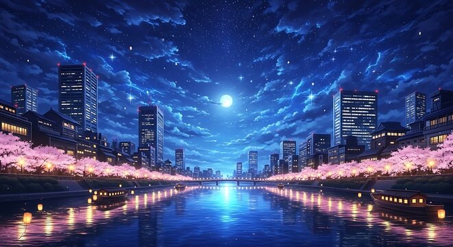 Nighttime cityscape with illuminated buildings and water reflections
