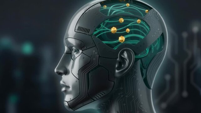 Futuristic humanoid robot with glowing neural pathways and golden data streams in advanced technology concept