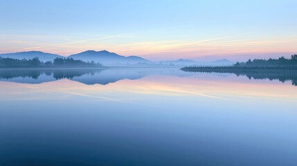 Fototapeta premium A calm lake at sunrise with mist hovering over distant mountains, reflecting the soft pastel colors of the sky and serene natural surroundings.