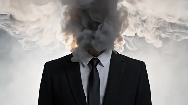 Person in suit with smoke covering face perfect for UI/UX design and motion graphics