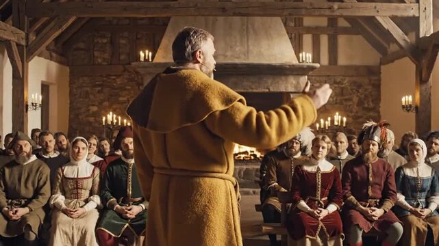 Medieval gathering in stone hall ideal for lifestyle branding and social media storytelling