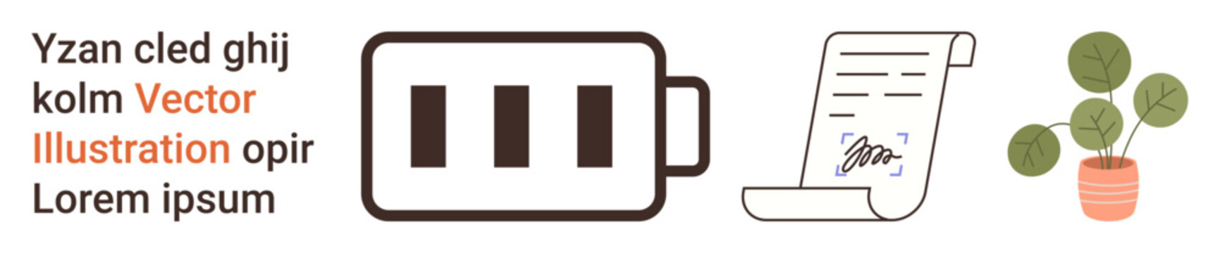 Energy usage, legal agreements, natural aesthetics, sustainability, corporate visuals, eco-friendly design. A battery icon, signed document and a potted plant. Energy usage and legal agreements