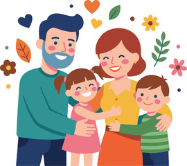 Obraz premium Cheerful illustration of a happy family embracing, parents and children sharing love and joy, surrounded by decorative elements, celebrating strong bonds and togetherness