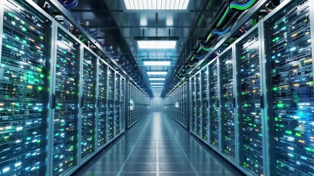A long corridor in a data center with rows of computer servers and colorful wires