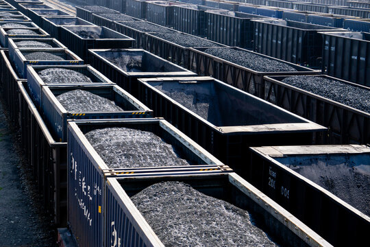 Railway coal transportation station - Freight train fully loaded with coal 