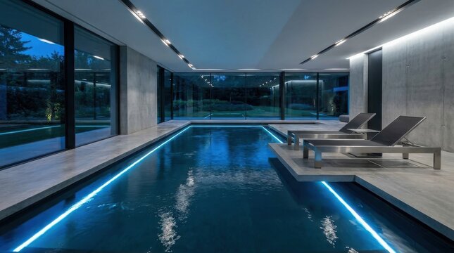 Sleek modern indoor swimming pool with blue illumination and panoramic views of the outside landscape