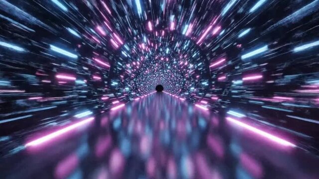 Neon light tunnel with glowing lines highlighting geometric patterns and contemporary art