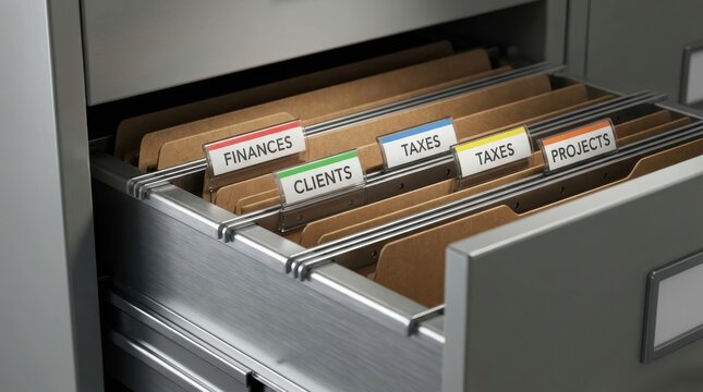 Close up of a file cabinet drawer with meticulously organized folders labeled Finances, Clients, and Taxes, showcasing efficient office management and record keeping.