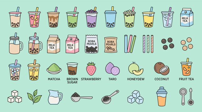 Set of colorful hand drawn boba tea and bubble tea drink icons.