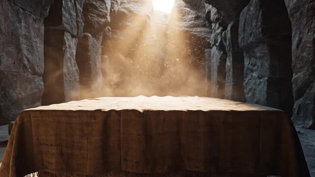 Stone chamber with light and cloth representing futuristic concepts and abstract thought