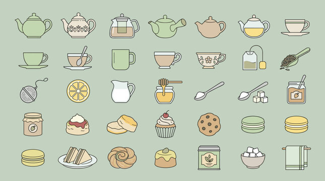 Set of tea time icons with various tea pots cups snacks and sweeteners.