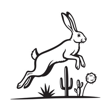 Black and white illustration of a jackrabbit jumping in desert