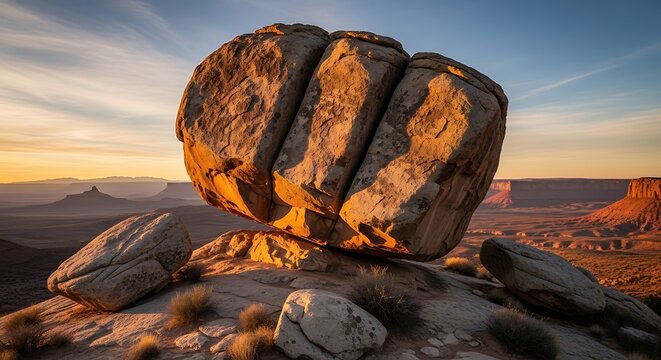 Large rock formation balancing on a hill against a sunset sky background