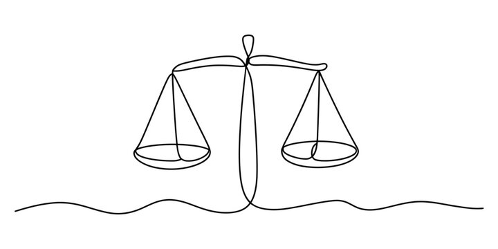 Continuous line drawing of a scales of justice icon isolated on white background, Vector