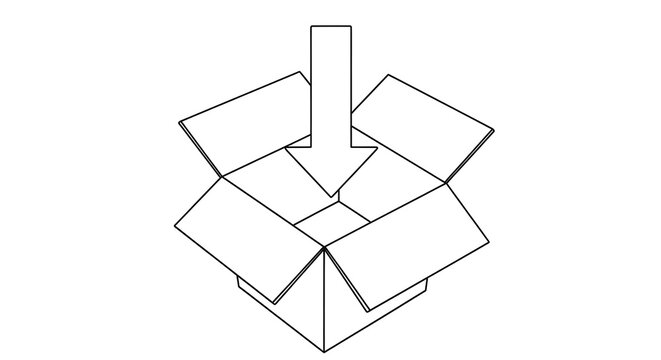 Open cardboard box with arrow graphic representing entry concept