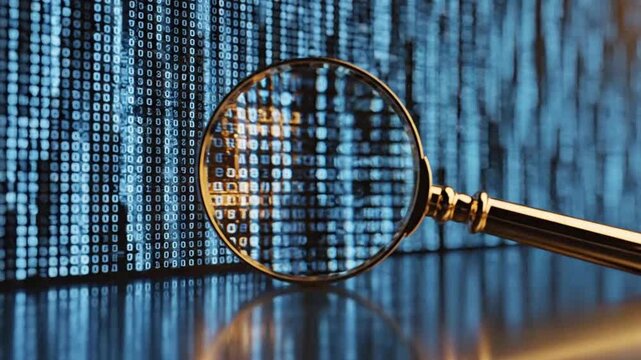 Golden magnifying glass on digital code symbolizing digital transformation and future innovation
