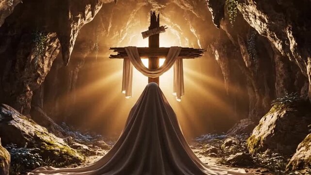 Cross in a cave with light highlighting geometric patterns and contemporary art