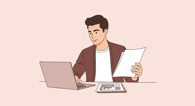Professional man sitting at a desk using a laptop computer while reviewing financial documents and data charts, entrepreneur preparing for business meeting, flat illustration.