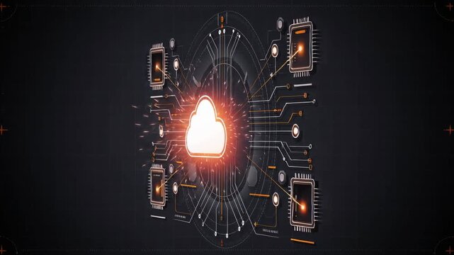Glowing cloud icon connecting seamlessly with multiple microchips futuristic technology concept