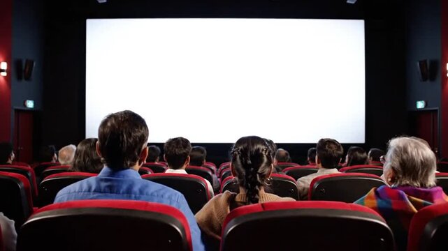 Audience in cinema watching blank screen emphasizing advanced technology and cybersecurity