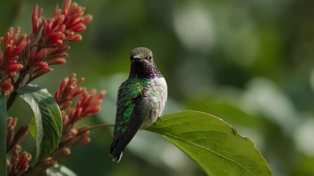 A vibrant Cora's hummingbird with iridescent green feathers perches gracefully on a green leaf next to bright red flowers in a lush garden setting.