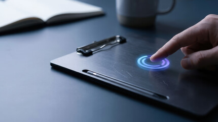 Fototapeta premium task management and workflow planning concept, Finger tapping loading icon clip on clipboard with pen and notebook on desk
