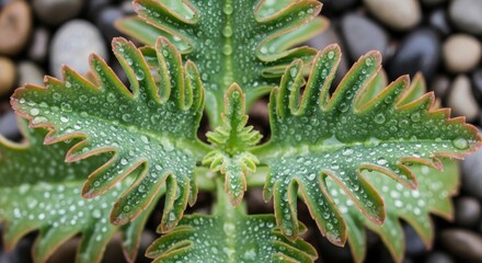 Fototapeta premium Dewy Succulent Plant with Lobed Leaves