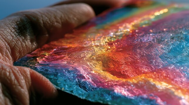 Hand holding colorful agate slice with vibrant geological patterns and natural mineral beauty
