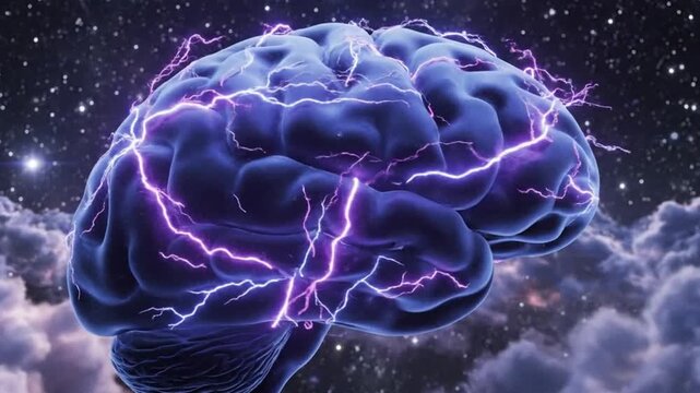 Brain with lightning in space emphasizing network speed and cloud computing