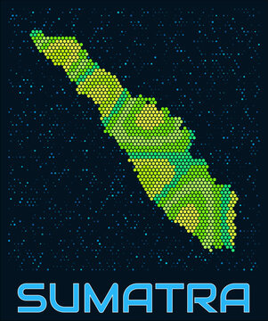 Sumatra hexagon dots map. Indonesia. Digital style shape of the island. Sumatra map and title. Tiny green colored hexagons, sparse blue dots at background. Vector Illustration.