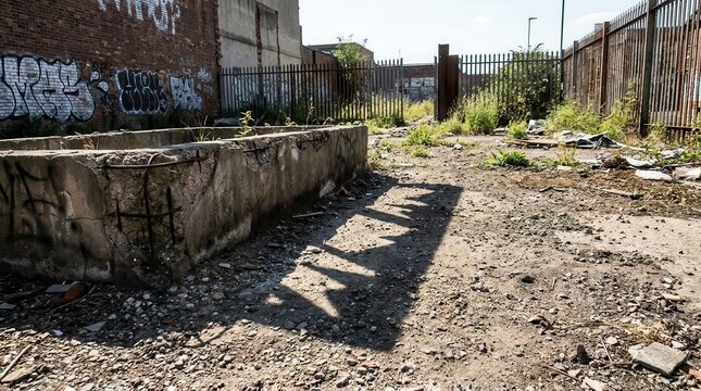 Cracked concrete structure casts fragmented shadow patterns on dusty urban ground with overgrown vegetation and weathered fence