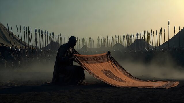 A biblical standard-bearer seated alone while folding a ceremonial banner that will not yet be raised, a camp perimeter with silent tents and grounded spears suggesting postponed action and inward tri