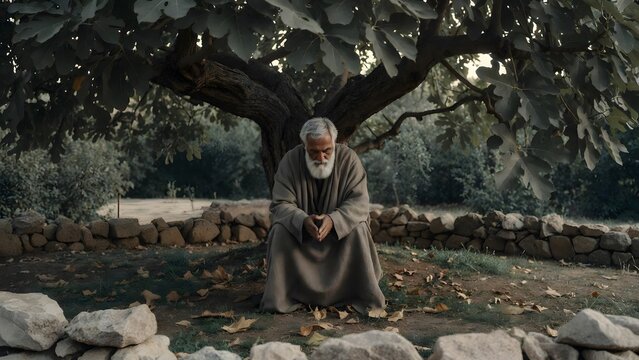 A biblical teacher seated alone beneath a broad fig tree with hands loosely clasped and eyes lowered in thought, a quiet garden enclosure with scattered leaves, worn stone edging, and still air surrou