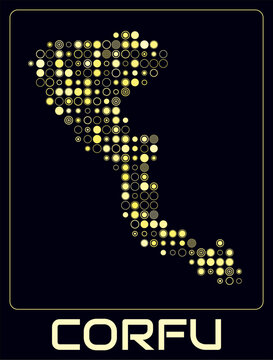 Corfu digital style map. Large circle dots on dark background. Dotted shape of the island. Corfu map and title. Elegant vector illustration.