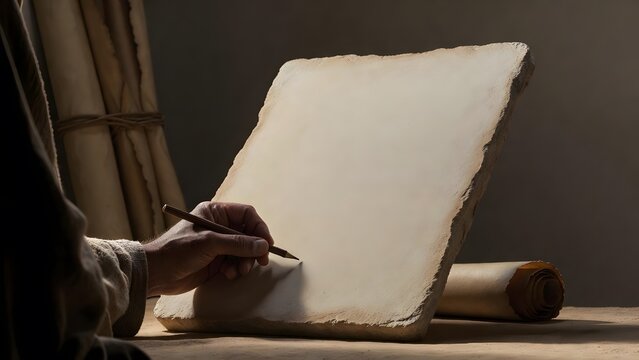 A biblical teacher seated before a smooth blank tablet of stone with stylus in hand yet unable to begin, a secluded study corner with rolled parchments tied shut and a low stool beside a plain wall, c