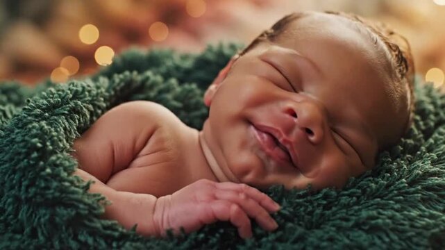 Newborn baby sleeping on green blanket ideal for sleek commercial backgrounds and title sequences