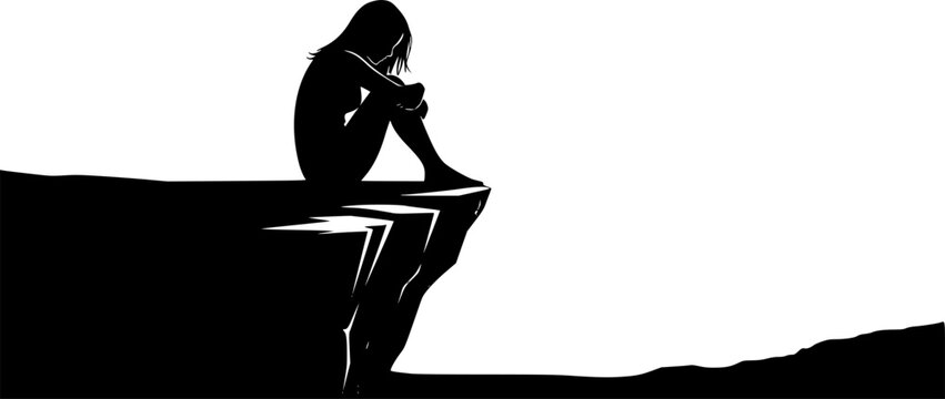 Silhouette of young woman sitting on edge of cliff or ledge looking down feeling contemplative or melancholic in dark minimalist style
