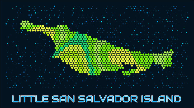 Little San Salvador Island hexagon dots map. Digital style boundary shape. Little San Salvador Island map and title. Tiny green colored hexagons, sparse blue dots at background. Vector Illustration.