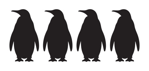 Four black silhouettes of penguins standing in a row isolated on white for animal wildlife theme graphic. © Sen