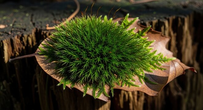 Velvety green moss cluster growing on a dried leaf and wood surface