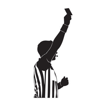 Silhouette of soccer referee holding up yellow card. football umpire showing caution.