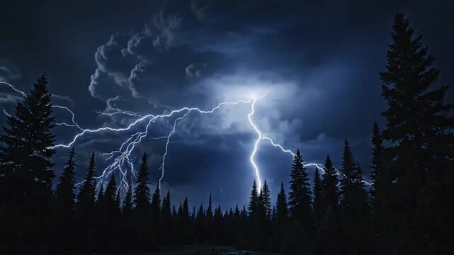 Stormy sky with lightning over forest ideal for travel vlogs and eco-friendly campaigns