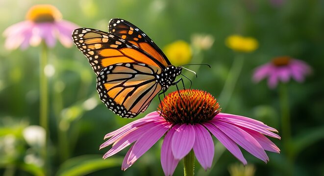 Monarch butterfly perched on a vibrant pink flower in a sunny garden